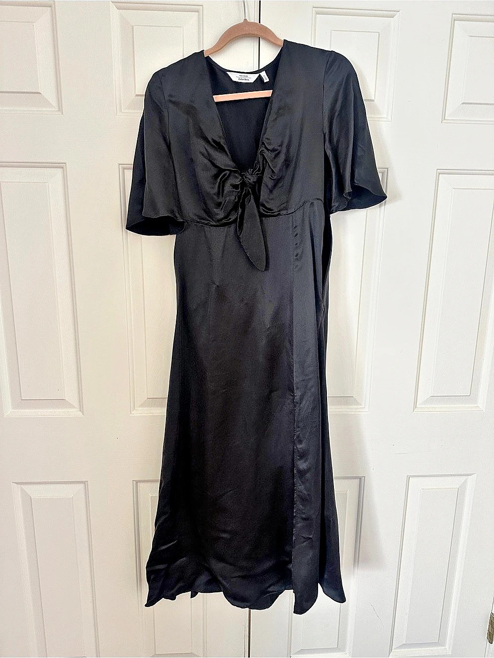 & Other Stories Paris Atelier Satin Tie-Front Midi Dress Black Size 8